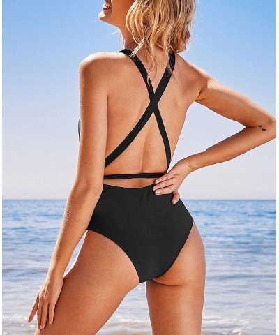 Women's Deep V Neck Self Tied Belt Bathing Suit Black $25.60 Swimsuits