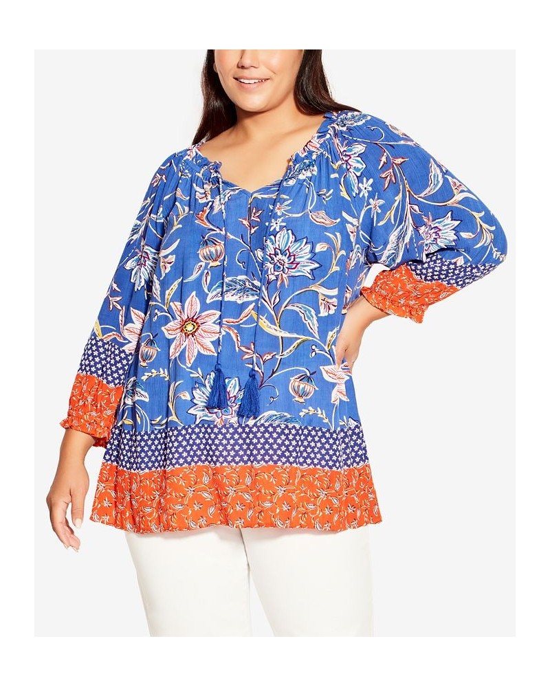 Plus Size Brea Peasant Top Blue Boho Border $39.75 Tops