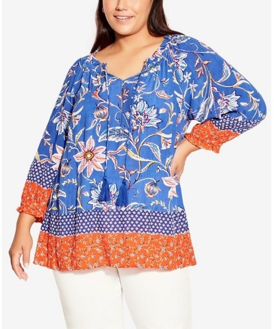 Plus Size Brea Peasant Top Blue Boho Border $39.75 Tops