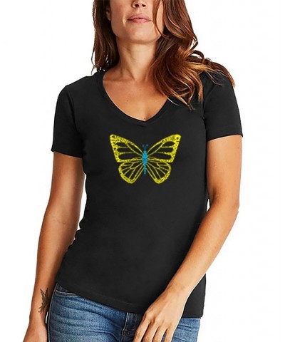 Women's Butterfly Word Art V-neck T-shirt Black $17.84 Tops