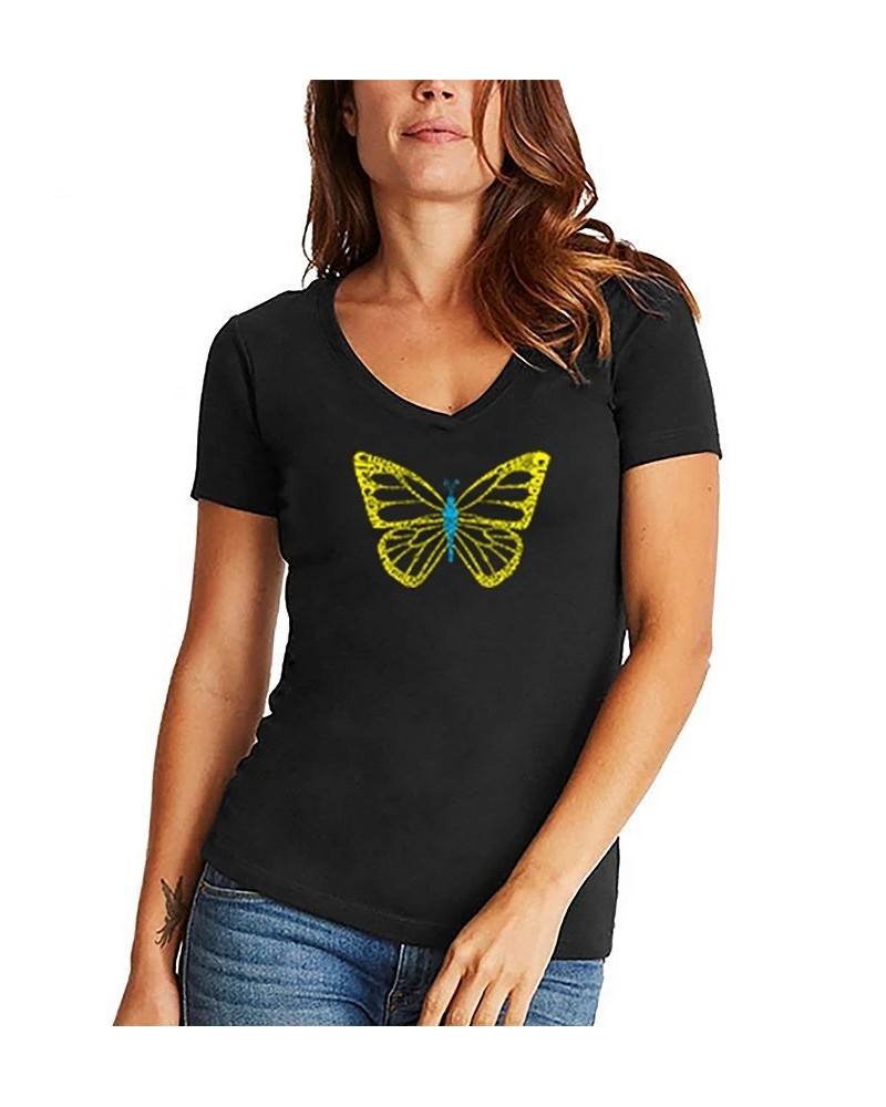 Women's Butterfly Word Art V-neck T-shirt Black $17.84 Tops