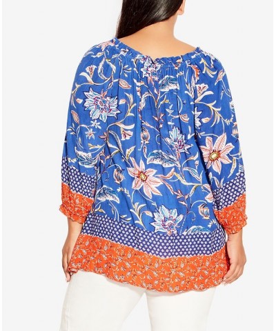 Plus Size Brea Peasant Top Blue Boho Border $39.75 Tops