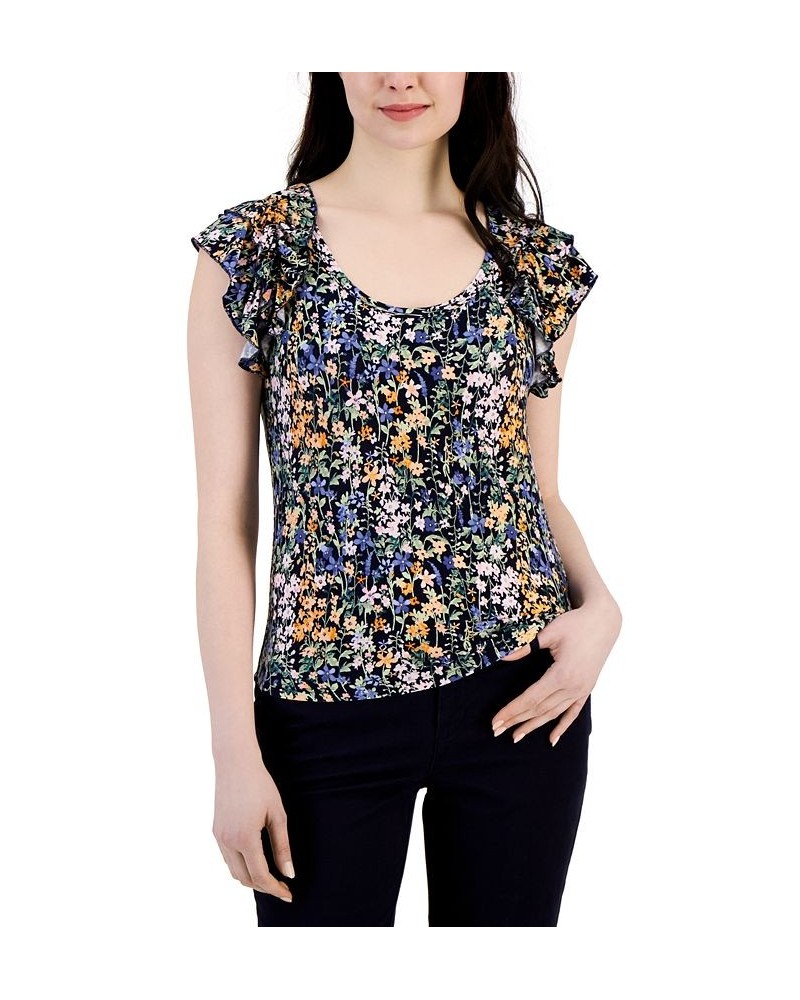 Women's Flutter-Sleeve Floral Top Blue $17.09 Tops