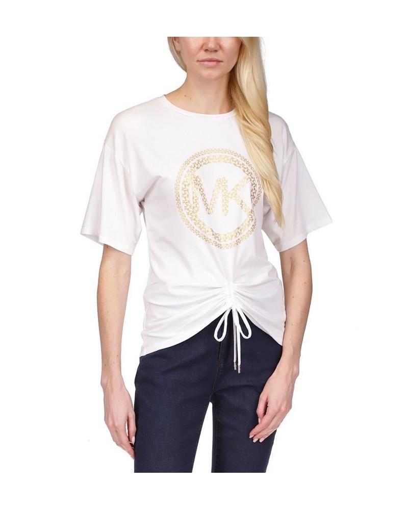 Women's Printed-Logo Ruched-Front Top White $46.64 Tops