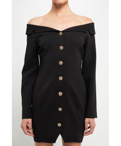 Women's Off the Shoulder Blazer Dress Black $66.30 Dresses