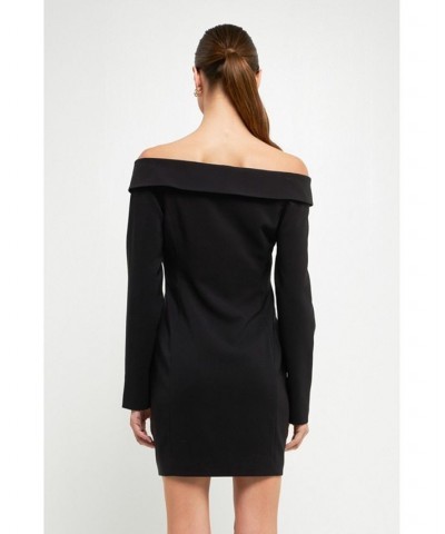 Women's Off the Shoulder Blazer Dress Black $66.30 Dresses