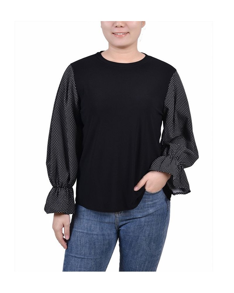 Petite Long Sleeve Top with Printed Sleeves Black $16.07 Tops