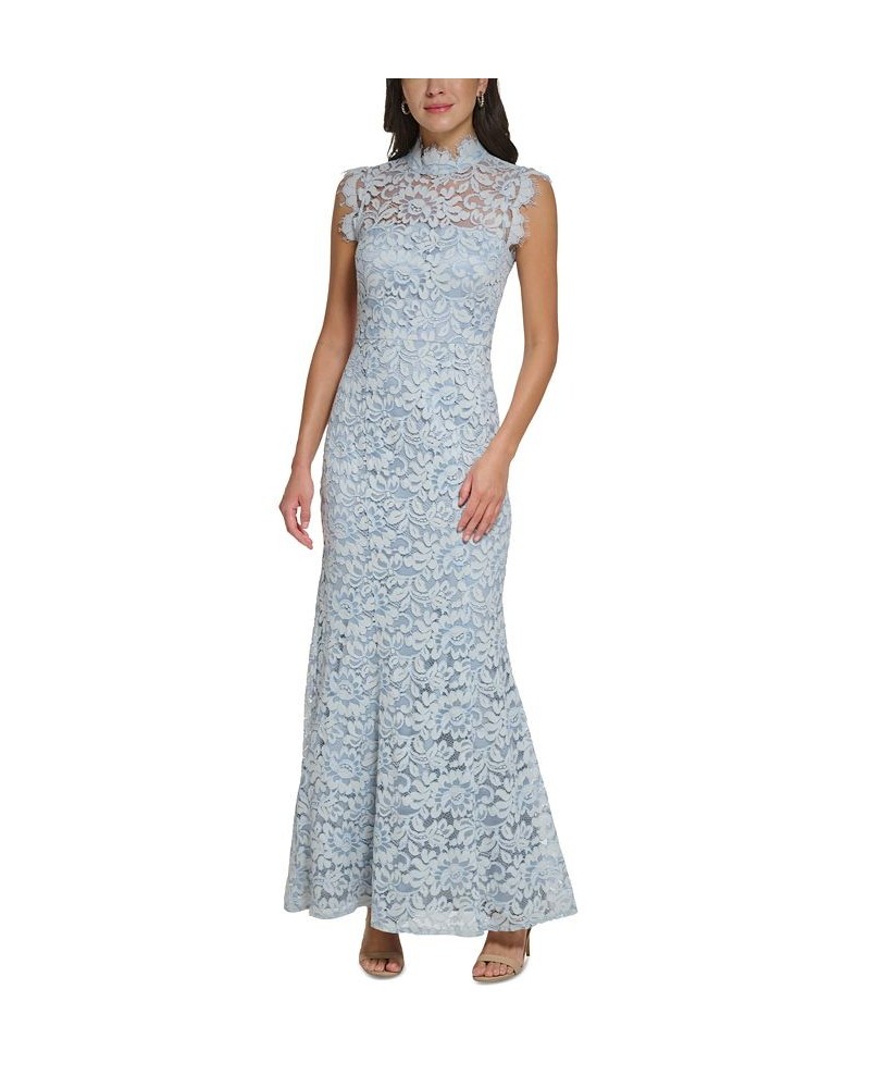 Women's Lace Mock Neck Cutout-Back Sleeveless Gown Sky $109.44 Dresses