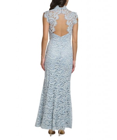 Women's Lace Mock Neck Cutout-Back Sleeveless Gown Sky $109.44 Dresses