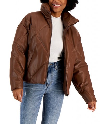 Juniors' Quilted Faux-Leather Puffer Coat Brown $19.57 Coats