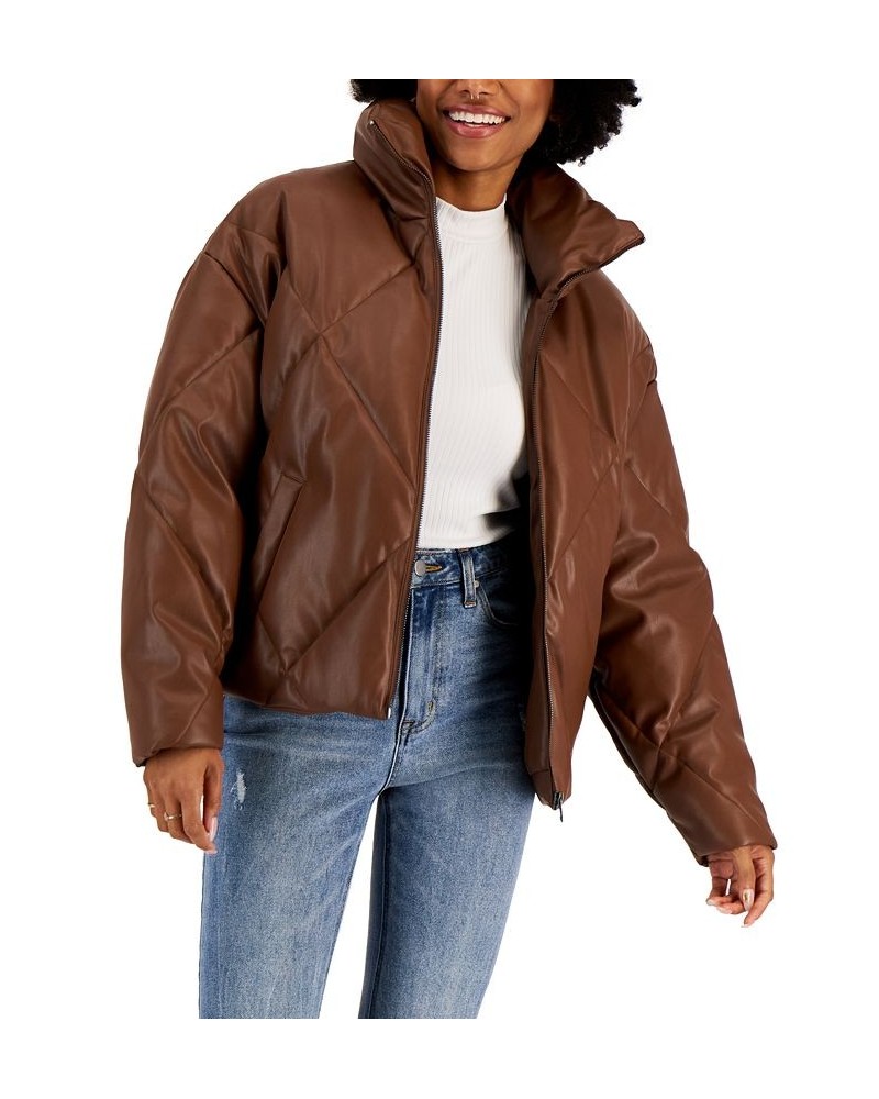 Juniors' Quilted Faux-Leather Puffer Coat Brown $19.57 Coats