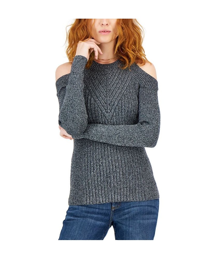 Women's Cold-Shoulder Ribbed-Knit Metallic Sweater Black with Silver Shine $13.36 Sweaters