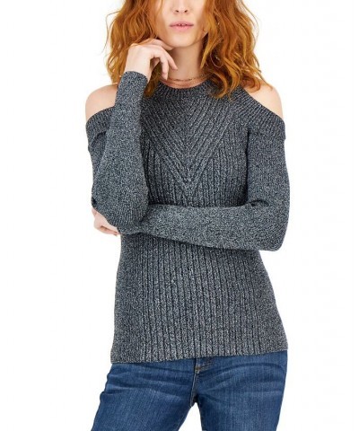 Women's Cold-Shoulder Ribbed-Knit Metallic Sweater Black with Silver Shine $13.36 Sweaters