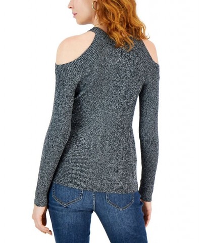 Women's Cold-Shoulder Ribbed-Knit Metallic Sweater Black with Silver Shine $13.36 Sweaters