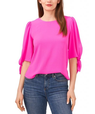 Women's Bow-Detail Puff-Sleeve Elbow Sleeve Blouse Magenta Glow $28.27 Tops