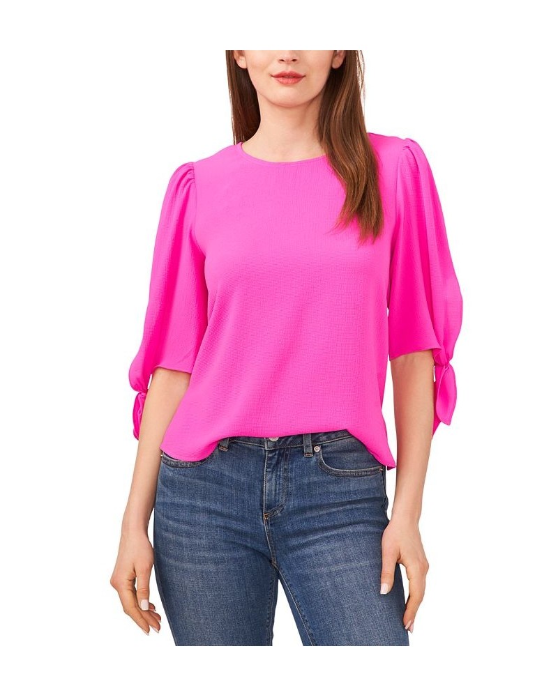 Women's Bow-Detail Puff-Sleeve Elbow Sleeve Blouse Magenta Glow $28.27 Tops