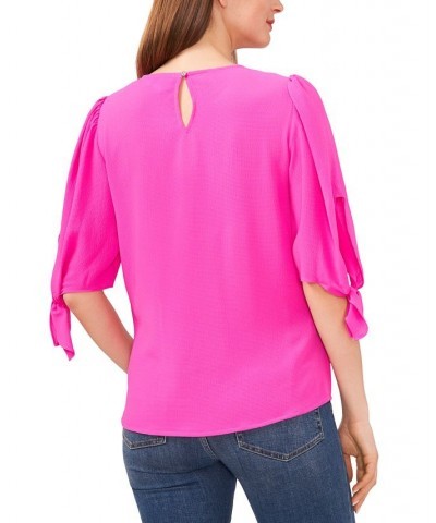 Women's Bow-Detail Puff-Sleeve Elbow Sleeve Blouse Magenta Glow $28.27 Tops