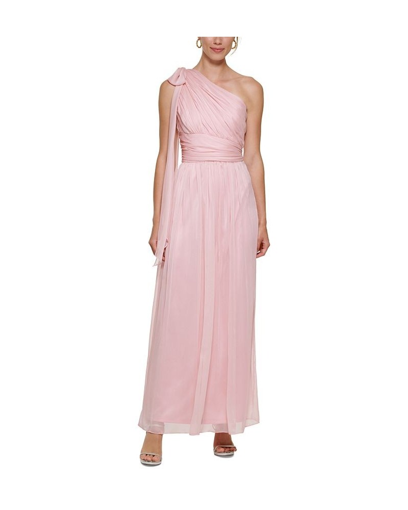 Women's Pleated Bow-Trim One-Shoulder Gown Pink Marble $101.15 Dresses