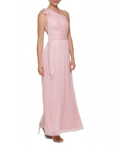 Women's Pleated Bow-Trim One-Shoulder Gown Pink Marble $101.15 Dresses