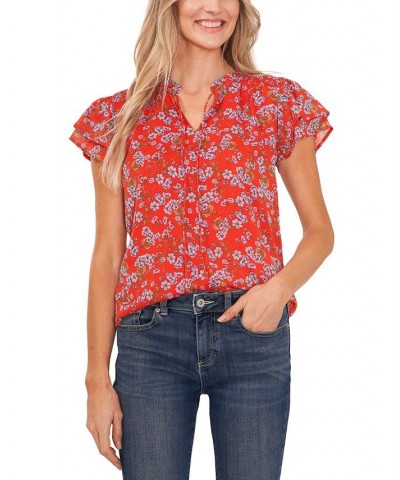 Women's Flutter Sleeve Floral Print Blouse Red $27.26 Tops