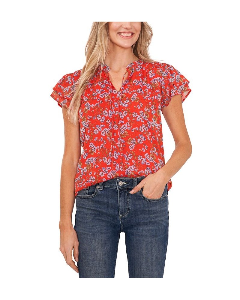 Women's Flutter Sleeve Floral Print Blouse Red $27.26 Tops