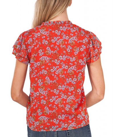 Women's Flutter Sleeve Floral Print Blouse Red $27.26 Tops