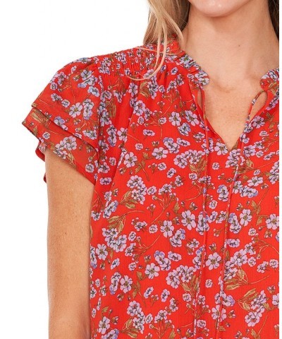 Women's Flutter Sleeve Floral Print Blouse Red $27.26 Tops