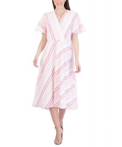 Women's Short-Sleeve Striped Cotton Midi Dress Pink/White $45.39 Dresses