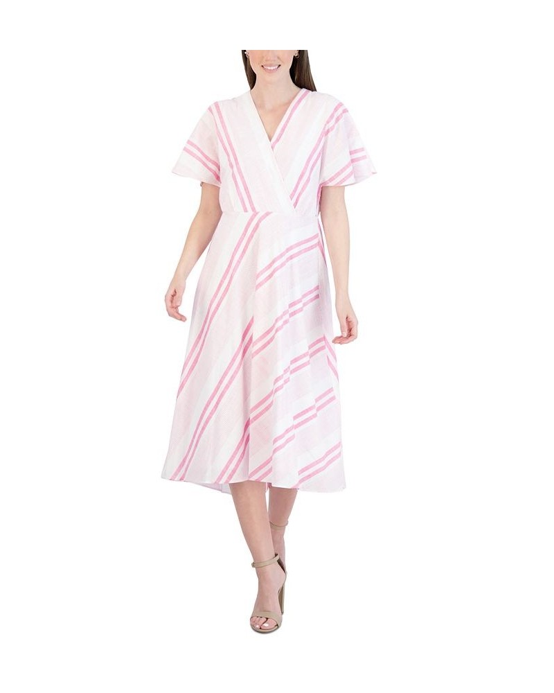 Women's Short-Sleeve Striped Cotton Midi Dress Pink/White $45.39 Dresses