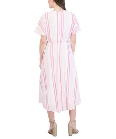 Women's Short-Sleeve Striped Cotton Midi Dress Pink/White $45.39 Dresses