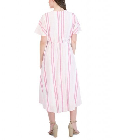 Women's Short-Sleeve Striped Cotton Midi Dress Pink/White $45.39 Dresses