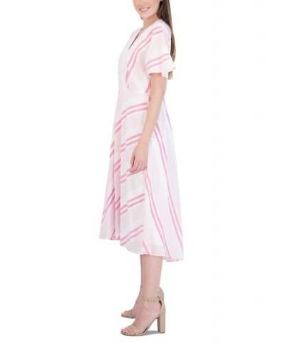 Women's Short-Sleeve Striped Cotton Midi Dress Pink/White $45.39 Dresses