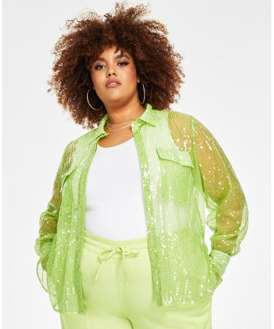 Trendy Plus Size Sequin Sheer-Sleeve Shirt Green $52.32 Tops