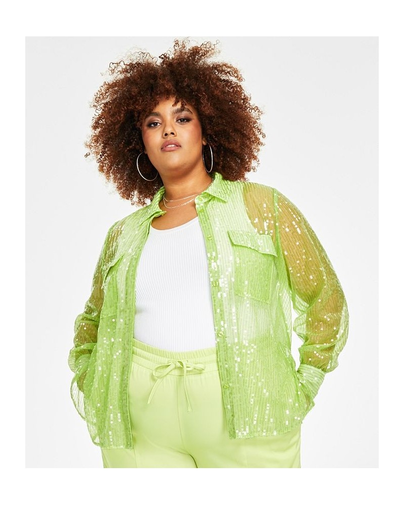 Trendy Plus Size Sequin Sheer-Sleeve Shirt Green $52.32 Tops