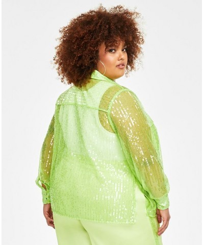 Trendy Plus Size Sequin Sheer-Sleeve Shirt Green $52.32 Tops