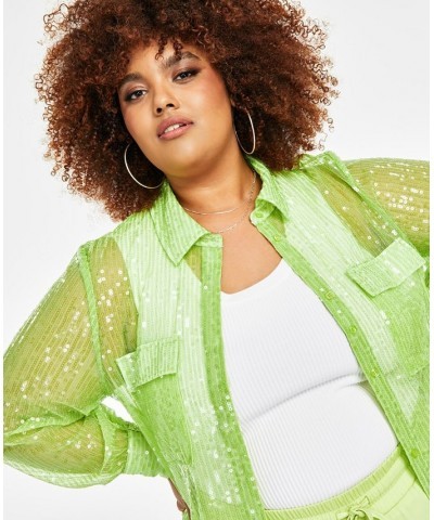 Trendy Plus Size Sequin Sheer-Sleeve Shirt Green $52.32 Tops