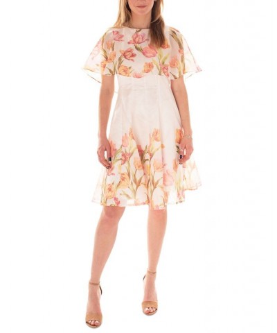 Women's Floral-Border-Print Organza Cape Dress White $59.20 Dresses