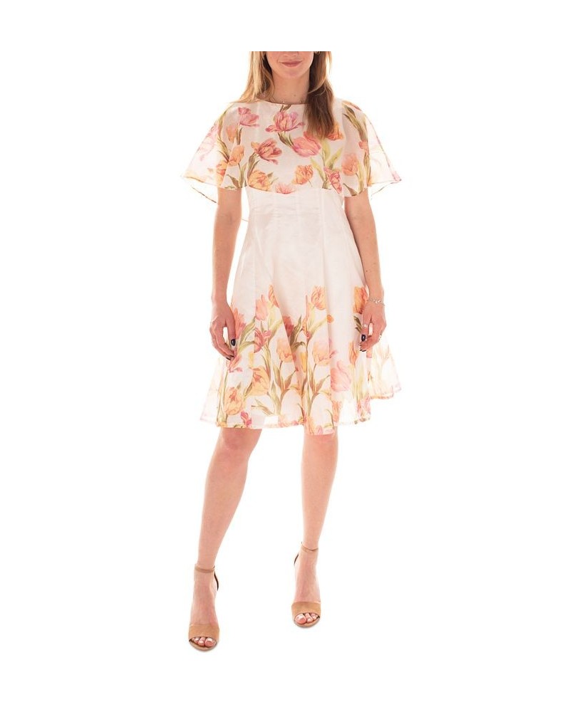 Women's Floral-Border-Print Organza Cape Dress White $59.20 Dresses