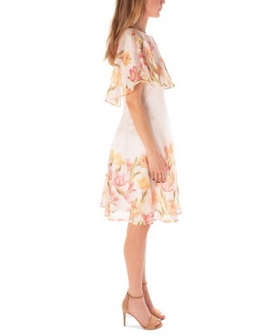 Women's Floral-Border-Print Organza Cape Dress White $59.20 Dresses