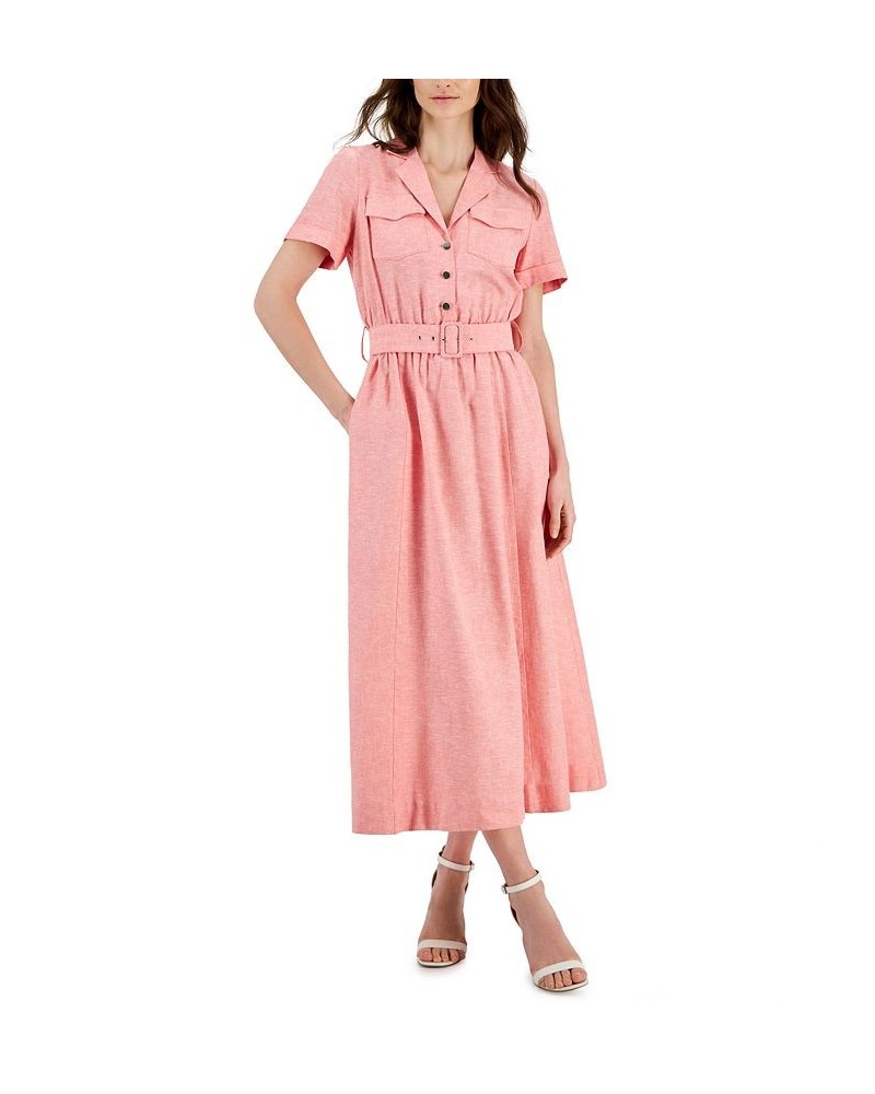 Women's Chambray Camp Pocket Tea Dress Red $67.05 Dresses