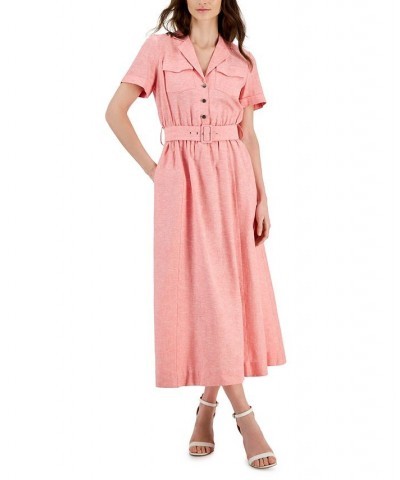 Women's Chambray Camp Pocket Tea Dress Red $67.05 Dresses