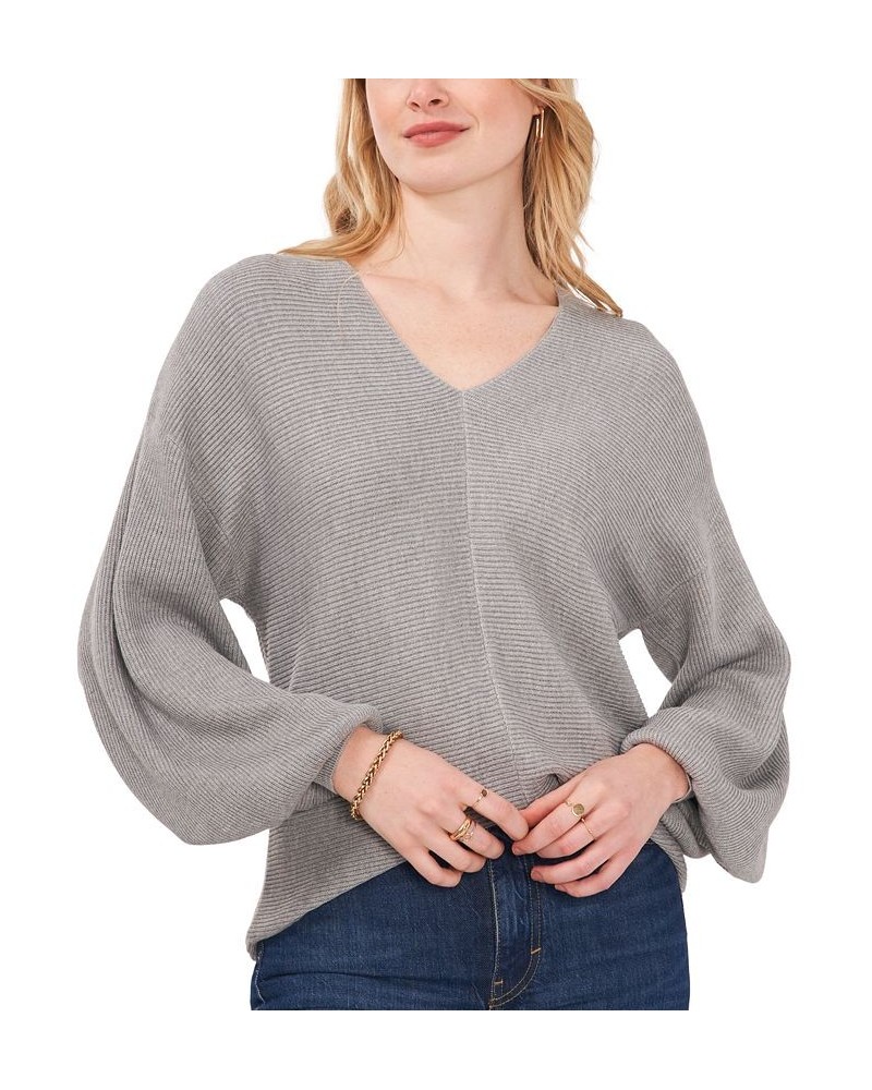 Women's Rib-Knit Bubble Sleeve Long Sleeve Sweater Silver $28.27 Sweaters