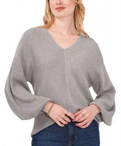 Women's Rib-Knit Bubble Sleeve Long Sleeve Sweater Silver $28.27 Sweaters