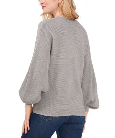 Women's Rib-Knit Bubble Sleeve Long Sleeve Sweater Silver $28.27 Sweaters