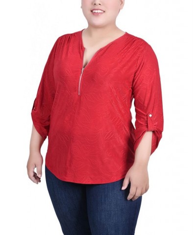 Plus Size 3/4 Roll Tab Zip Front Jacquard Knit Top Red $15.48 Tops