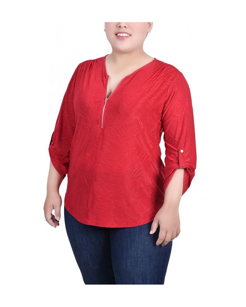 Plus Size 3/4 Roll Tab Zip Front Jacquard Knit Top Red $15.48 Tops