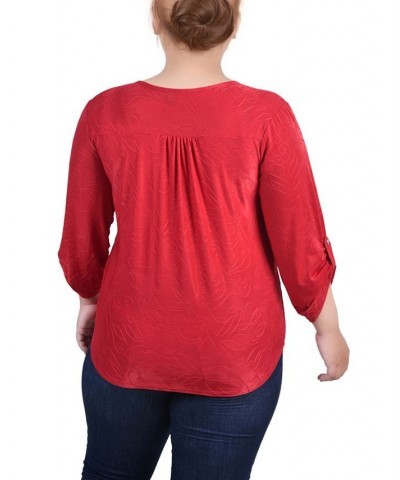 Plus Size 3/4 Roll Tab Zip Front Jacquard Knit Top Red $15.48 Tops