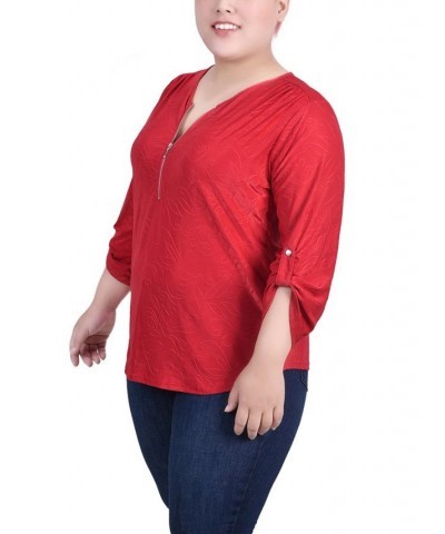 Plus Size 3/4 Roll Tab Zip Front Jacquard Knit Top Red $15.48 Tops