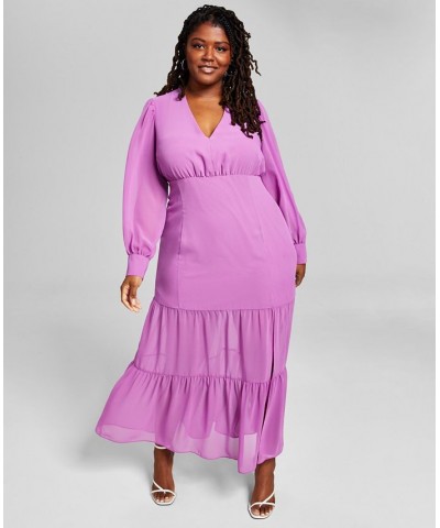 Plus Size Tiered Long-Sleeve Chiffon Maxi Dress Pink Angelonia $37.59 Dresses