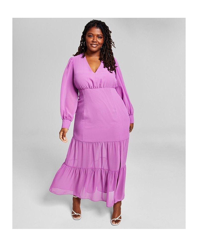 Plus Size Tiered Long-Sleeve Chiffon Maxi Dress Pink Angelonia $37.59 Dresses